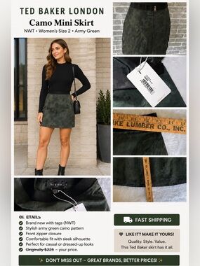 Ted Baker London Camo Mini Skirt NWT Army Green Women’s Size 2